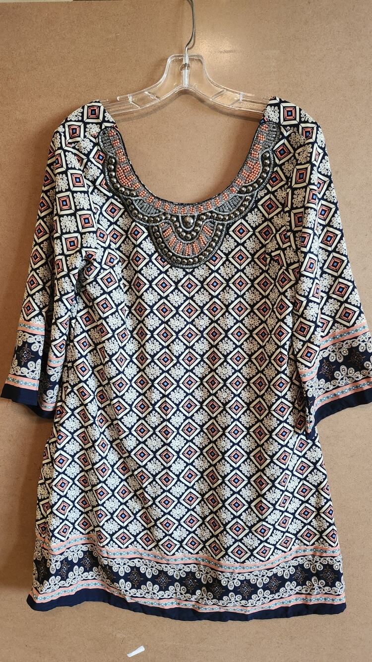 Harper Boho Geometric Beaded Tunic Dress Navy Coral 3/4 Sleeve Size Large D7